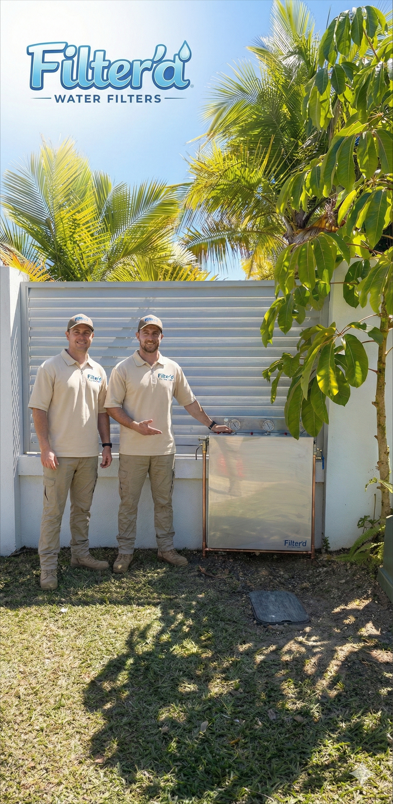 Filter'd team standing next to whole house water filtration system Gold Coast